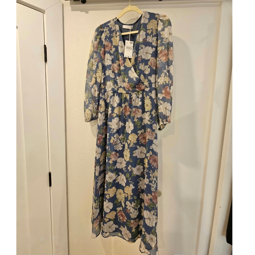 Mango Long Sleeve Floral Dress in Blue and Cream